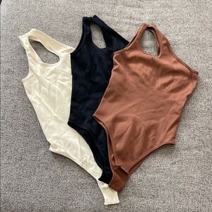 One Shoulder Ribbed One Piece Set - Cream, Black, and Brown